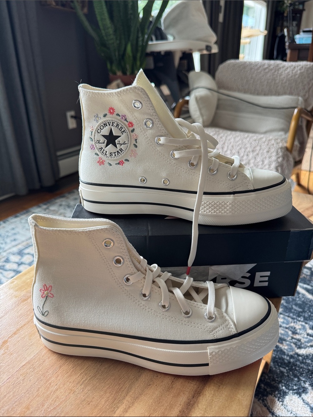 Converse White High-Top Platform Sneakers with Pink Floral Details Size 7